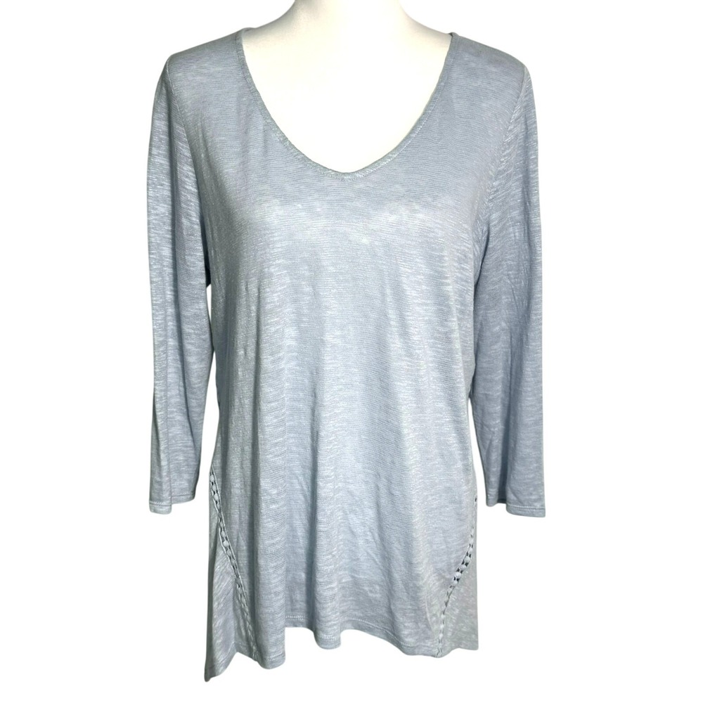 J JILL Women's Medium Light Blue Linen Cut Out Shark Bite 3/4 Sleeve Tunic Shirt